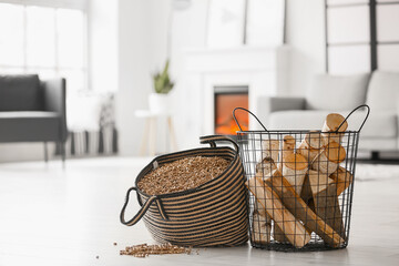 Bag with wood pellets and firewood in living room