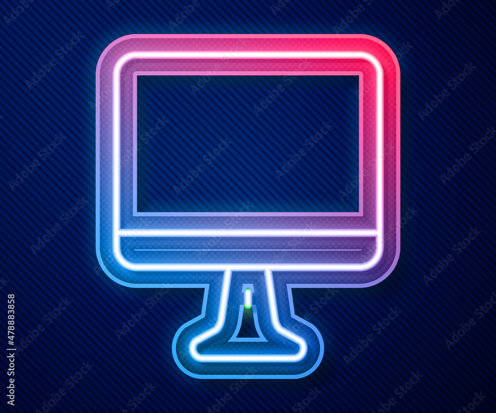 Poster glowing neon line computer monitor screen icon isolated on blue background. electronic device. front