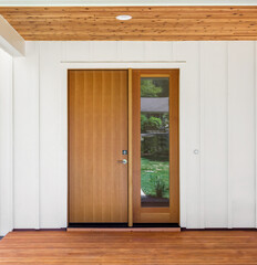 Front door to new home. Covered porch with hardwood floor, ceiling, and door. White vertical siding creates a modern farmhouse look. Vertical glass panel to side of door.