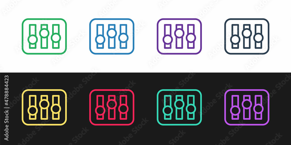 Poster set line sound mixer controller icon isolated on black and white background. dj equipment slider but