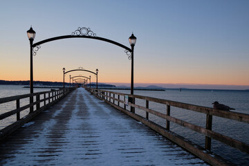 Fototapeta na wymiar Quiet White Rock's wooden pier before dawn with seagull