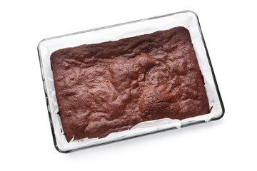 Baking dish with tasty chocolate brownie isolated on white background