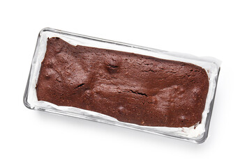 Baking dish with tasty chocolate brownie isolated on white background