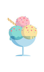 Ice cream concept. Colorful sticker with delicious sweet ice cream balls in glass container. Design element for icon and fabric printing. Cartoon flat vector illustration isolated on white background