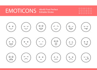 Vector simple set of emoticons. Emoji face. Editable vector stroke. Pixel perfect.