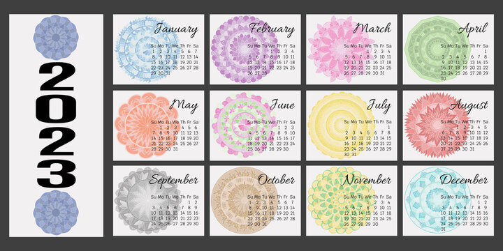 Calendar 2023 with multicolored mandalas, week starts from sunday