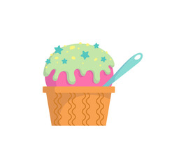 Ice cream concept. Beautiful sticker with ball of delicious cold sweetness, icing, spoon and waffle cup. Design element for advertising. Cartoon flat vector illustration isolated on white background
