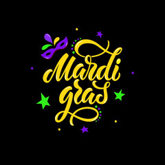 Mardi Gras (meaning Fat Tuesday) handwritten colorful text. Modern brush ink calligraphy, mask and stars illustration on black background. Bright holiday poster, invitation, card, invitation. Vector