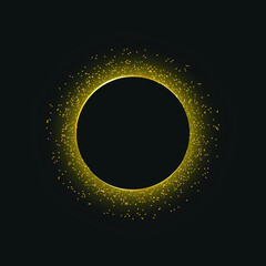 Gold sparkling glitter circle on black background with light effects and geometric figures