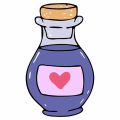 A love potion. Vector doodle illustration of a bottle with a love drink. Valentine's Day Icon.