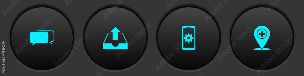 Poster set chat, upload inbox, setting on smartphone and medical location with cross icon. vector