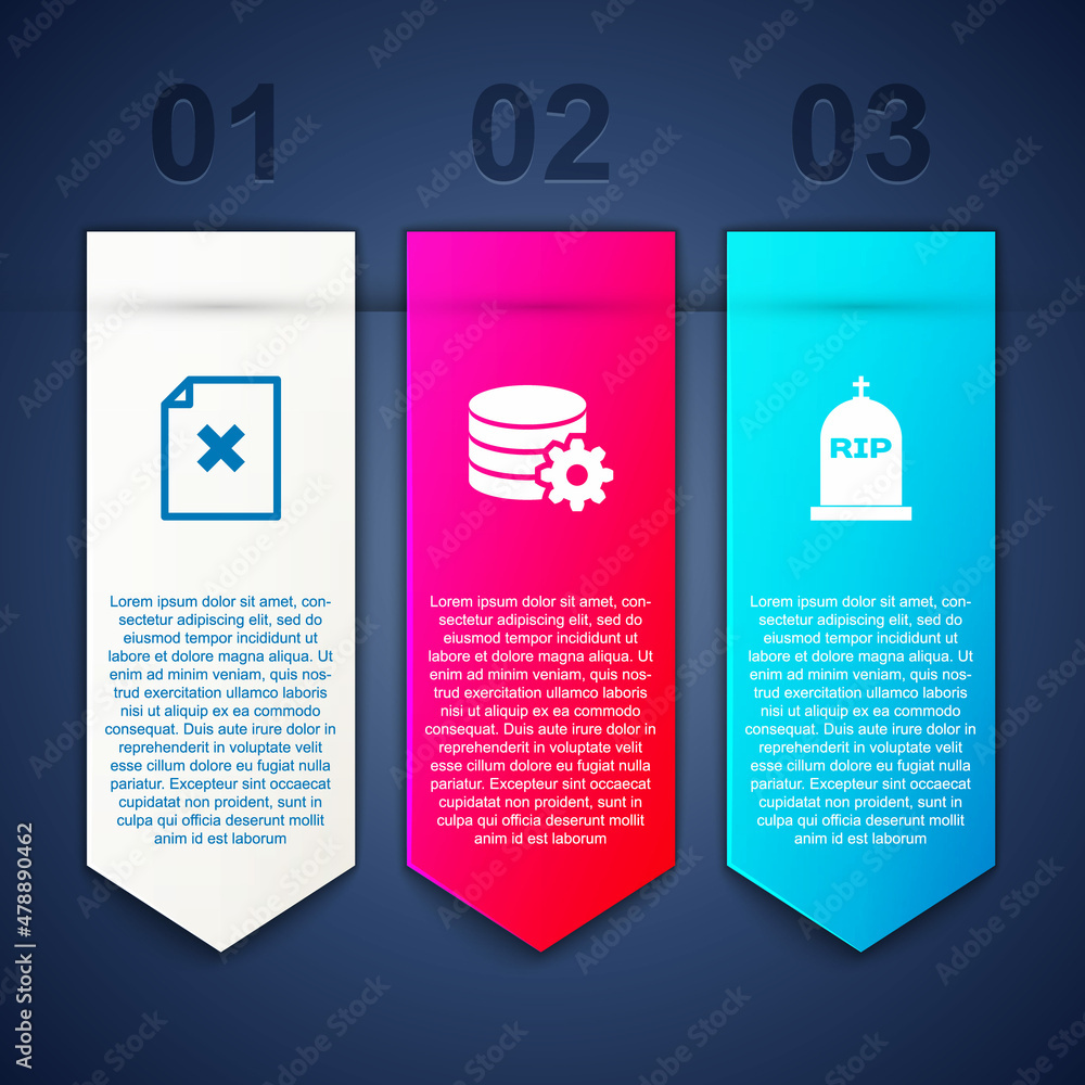 Poster set delete file document, setting database server and tombstone with rip written. business infograph