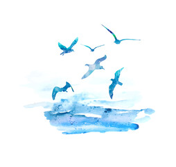 Flying blue watercolor seagulls. Vector illustration