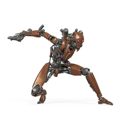 Fototapeta na wymiar droid soldier is landing like a super hero in action and holding a pistol
