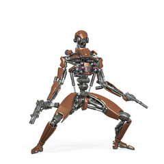 droid soldier is looking up like a super hero in action and holding a pistol