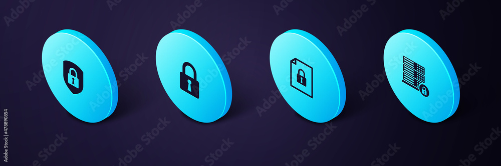 Poster set isometric server security with lock, document and, lock and shield icon. vector