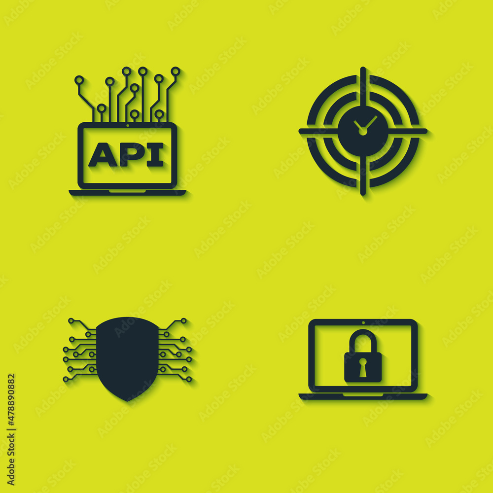 Poster set computer api interface, laptop and lock, cyber security and time management icon. vector