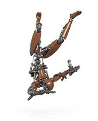 droid soldier is falling down like a super hero in action and holding a pistol