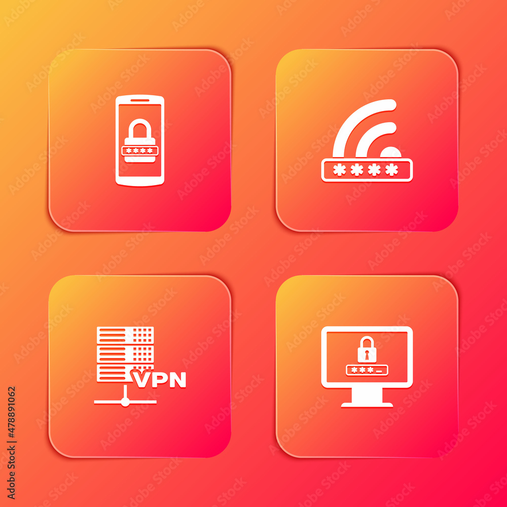 Poster set mobile and password, wifi locked, server vpn and monitor with icon. vector