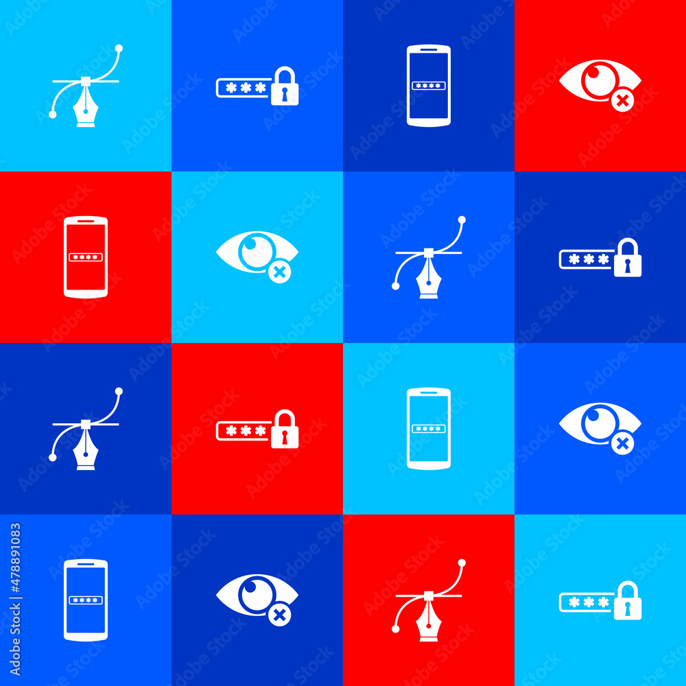 Poster set bezier curve, password protection, mobile and password and invisible hide icon. vector
