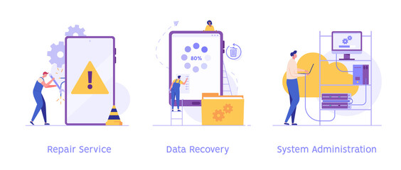 Repairman fixing phone using maintenance with warning sign. IT service controlling phone system and mobile app. System administrator connecting to network. Set of vector illustrations for web design