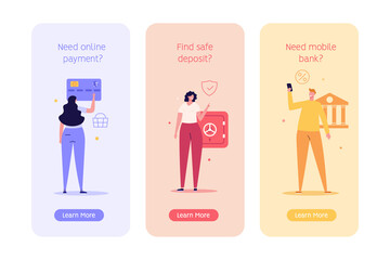 Woman buying online with bank card. Woman saving money in profitable deposit. Client using mobile bank service. Online payment, mobile bank, safe deposit. Vector illustrations for onboarding screens