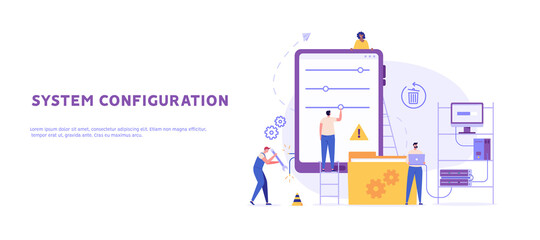 System configuration and settings concept. IT service controlling phone system and mobile app. sysadmin administrator connecting to network. Repairman fix errors. Vector illustration for web design - obrazy, fototapety, plakaty