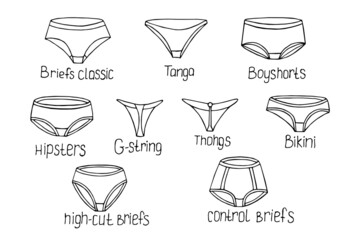 Woman pants in outline style isolated on white background. Underwear collection for product marking, textile labelling or other use. Vector illustration. Set. 