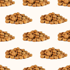 Brown kibble pieces for dog feed heap repeat seamless pattern on light background. Healthy dry pet food wrapping paper.