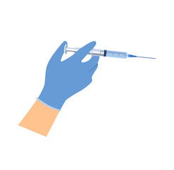 Concept of vaccination. Hand in medical glove holds syringe with vaccine. Doctor gives injection to protect against flu or coronavirus. Cartoon flat vector illustration isolated on white background