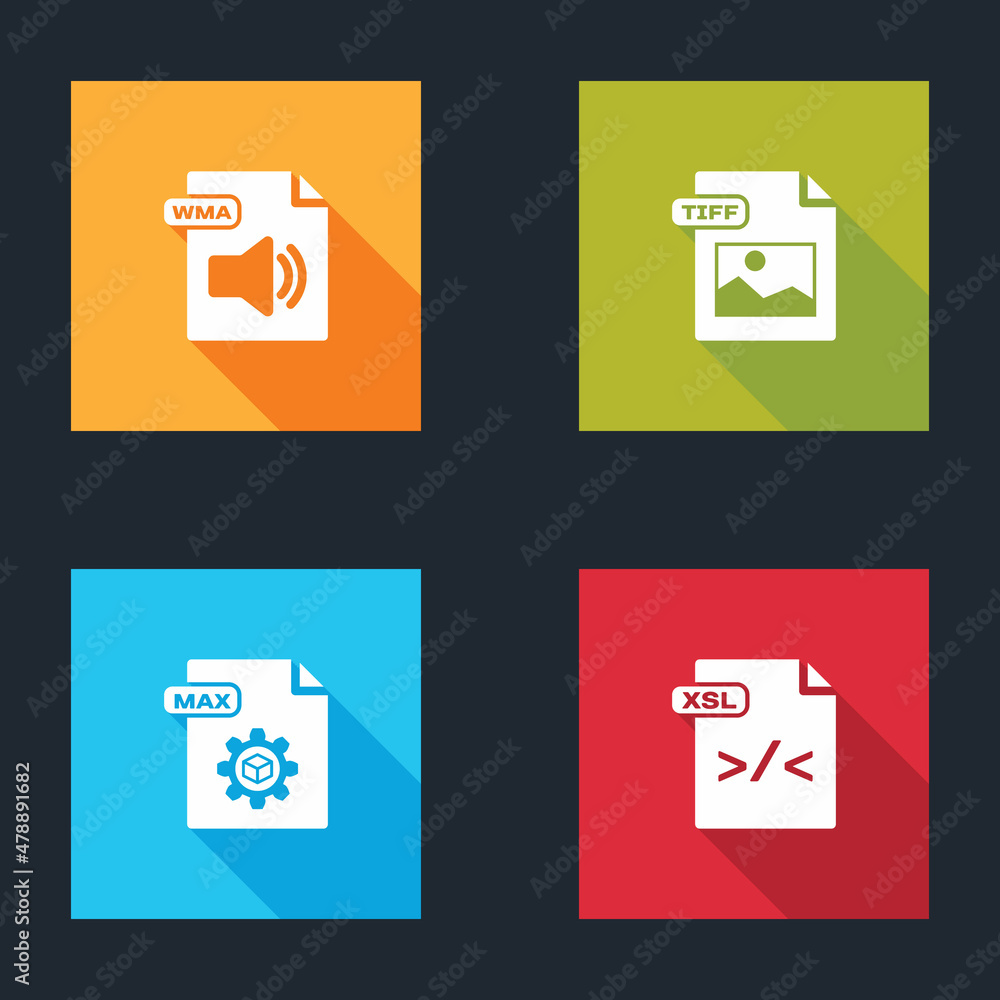 Poster set wma file document, tiff, max and xsl icon. vector