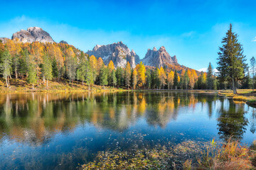 Outstanding view of popular travel destination mountain lake Antorno in autumn.