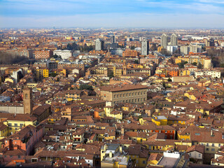 An aerial view of Bologna's cityscape as seen from the Asinelli Tower.