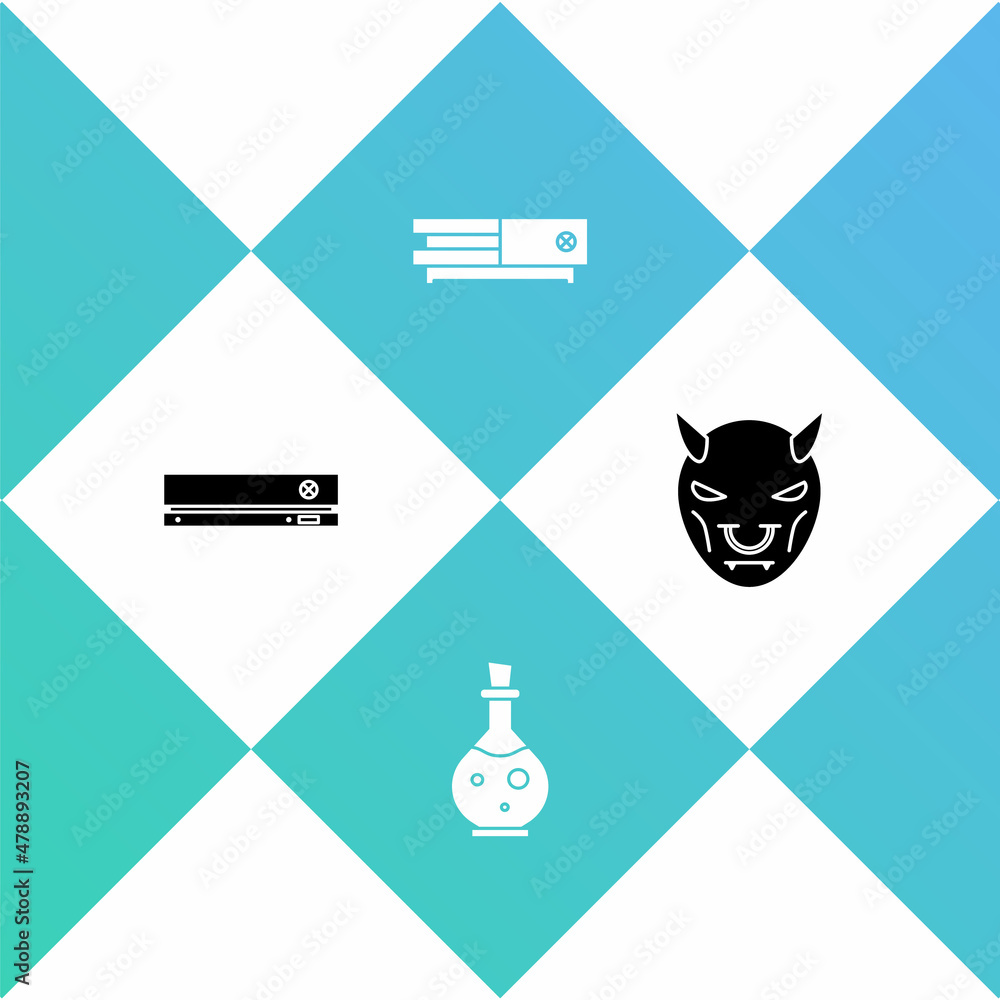 Poster set video game console, bottle with magic elixir, and mask of the devil horns icon. vector