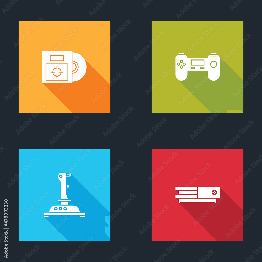 Poster set cd or dvd disk in box, gamepad, joystick for arcade machine and video game console icon. vector