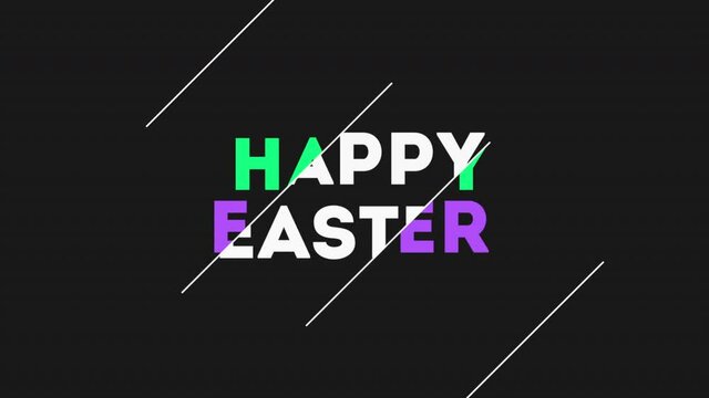 Happy Easter with neon green and purple text, motion holidays and promo style background
