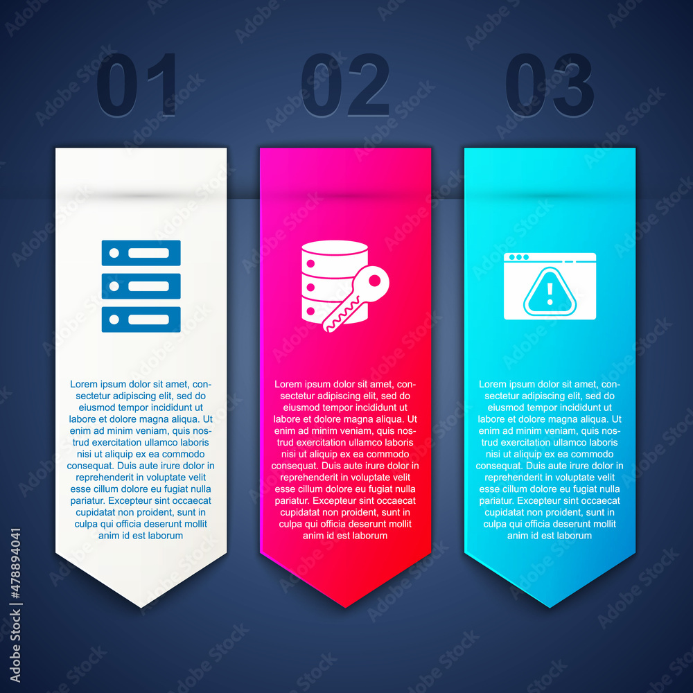 Aufkleber set server, data, web hosting, security with key and browser exclamation mark. business infographic 