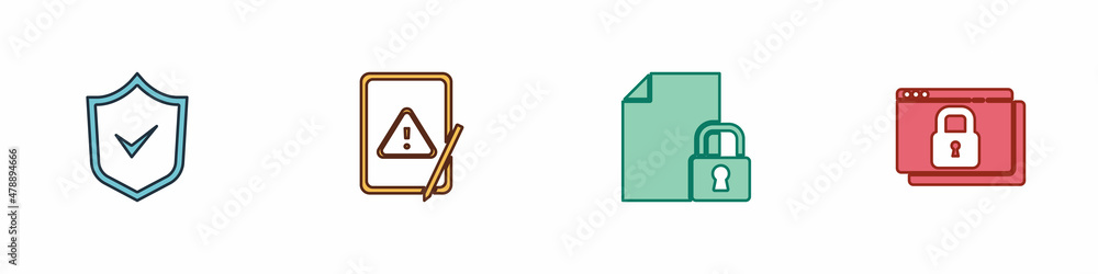 Poster set shield with check mark, tablet exclamation, document and lock and secure your site https, ssl ic