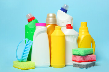 set of cleaning products on a colored background close-up with a place for text