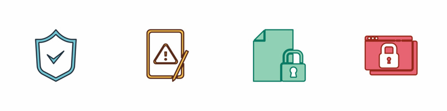Set Shield with check mark, Tablet exclamation, Document and lock and Secure your site HTTPS, SSL icon. Vector