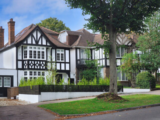 Suburban residential street with two story houses with Tudor style trim