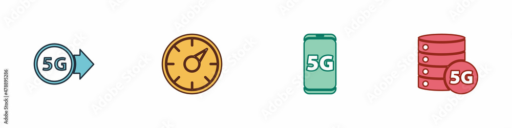 Poster set 5g network, digital speed meter, mobile with and server icon. vector