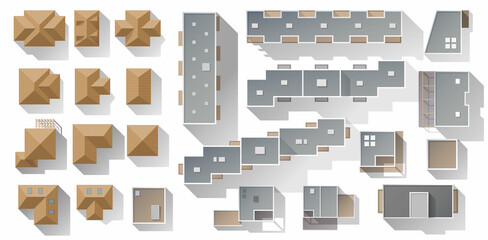 Building top view for landscape design. Set of Objects for plan, map, City. Collection, kit of different types of Houses: townhouse, condominium, residential, apartment, cottage, city house from above