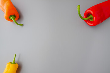 Three colourful oblong paprikas on the gray background. Corners top view. Vegetarian. Copy-space. Healthy food and living