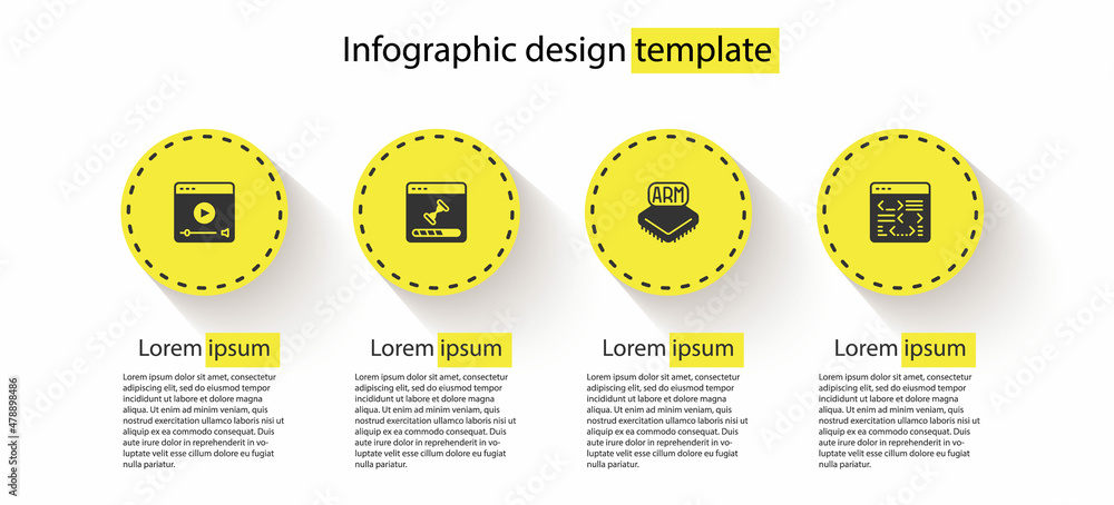 Poster set online play video, loading data window, processor and software. business infographic template. v