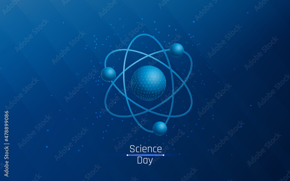 Poster national science day and molecule image at wireframe style
