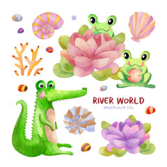 Watercolor sea set with cute sea creatures. Cute frogs, lotos and crocodile