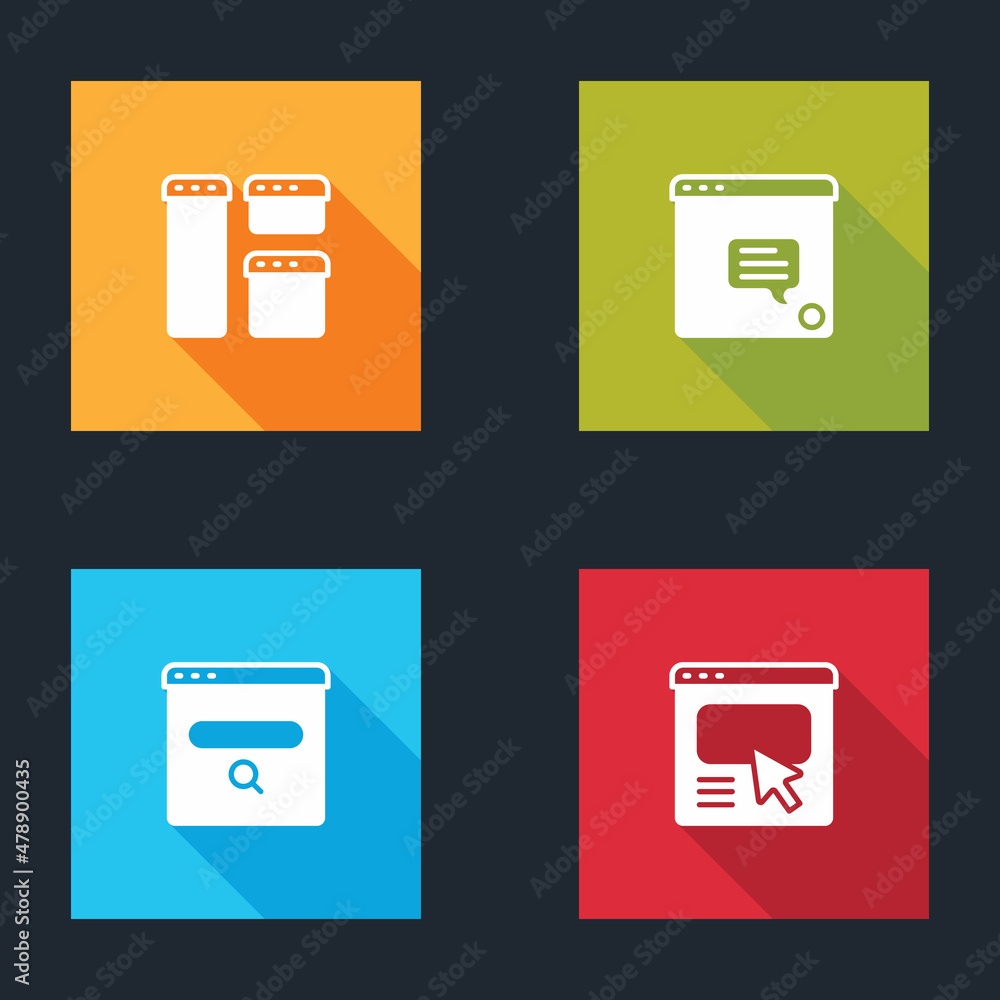 Poster set browser window, new chat messages notification, search engine and ui or ux design icon. vector