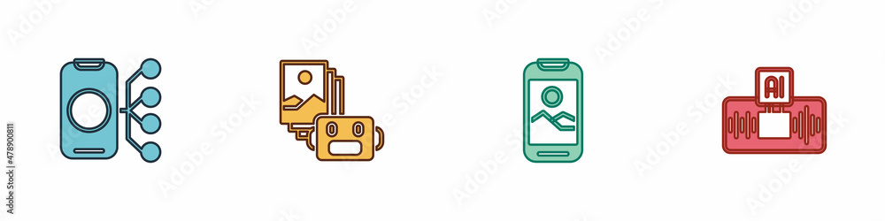 Aufkleber set neural network, artificial intelligence robot, mobile phone and ai icon. vector
