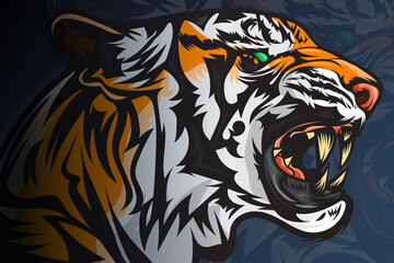 Angry tiger face. Tiger grin. Detailed image of a tiger. New 2022 symbol. Vector illustration isolated on dark  gradient color background.